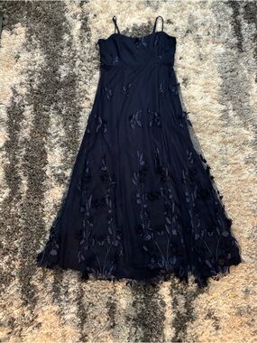 Lulus Abundant Charm Navy Blue 3D Floral Applique Maxi Dress, XL